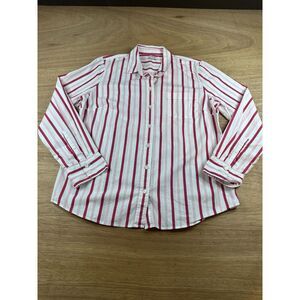 J Crew Womens Button Up Shirt Large Pink Red Stripe Cotton Stretch Preppy